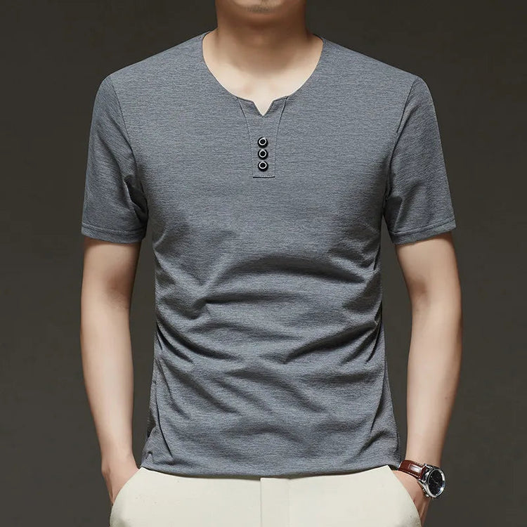 2025 New Men's Business Casual Three Button V-neck Short Sleeved T-shirt Korean Style Summer Comfortable Versatile Top PlatiNum