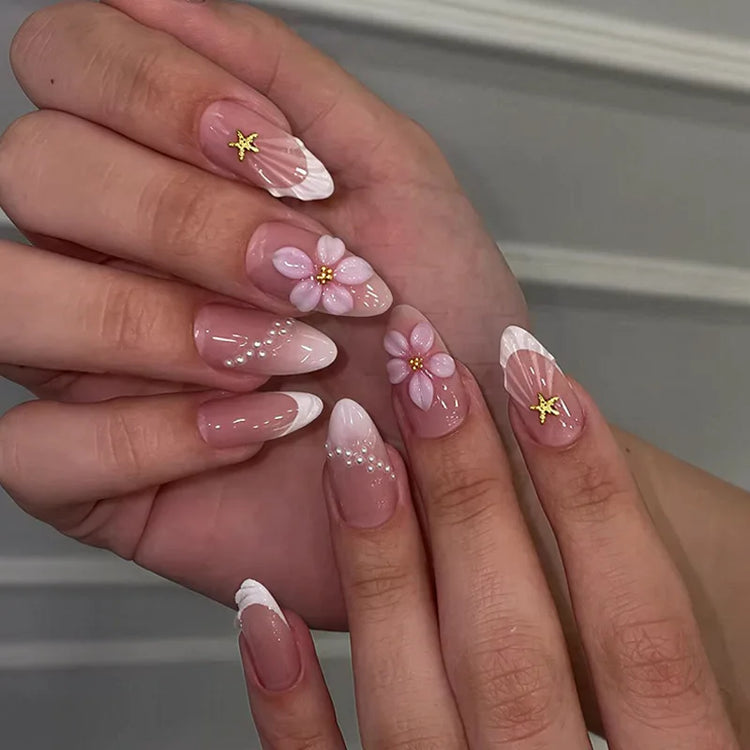 24pcs Pink Flower Almond Press on Nails Kawaii False Nails Wearable Stick-on Nails Fake Nail Uñas Postizas Накладные Ногти 네일팁2028