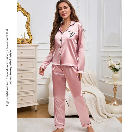 Vestiti per la casa delle donne Pigiama in raso Autunno Tasca a maniche lunghe Ricamo a forma di cuore Top e pantaloni Pigiama Femme Loungewear Pj Set