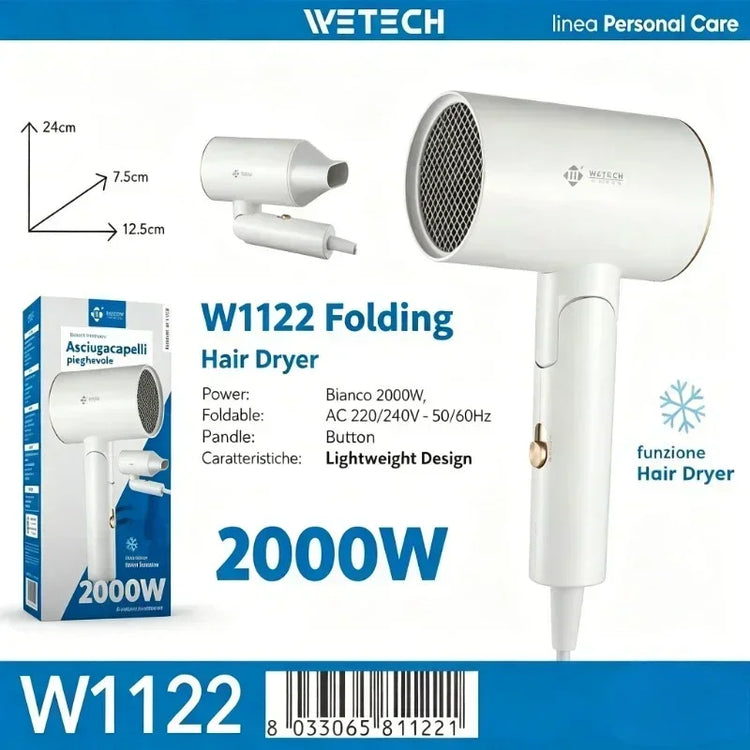 Lightweight Foldable Compact Hair Dryer, 1600W 2000W Negative Ions Blow Dryer, Fast‑Drying with Cold Air Function for Travel Salon Home Use