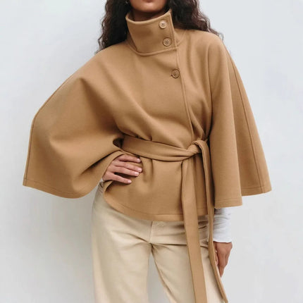 Women Lace Up High Neck Jackets For Women With Belt Elegant Windbreaker Faux Wool Blends Cape Street  Solid Windbreaker Cloak