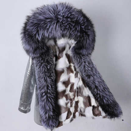 Winter Long Jacket Real Fur Coat Women Clothes Large Silver Fox Fur Collar Detachable Natural Fox Lining Parkas Leather Fur