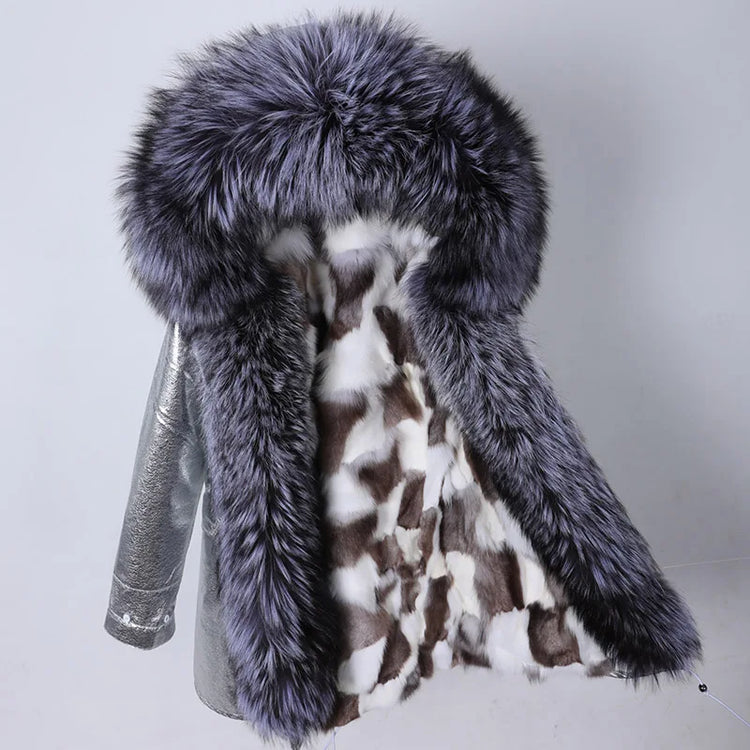 Winter Long Jacket Real Fur Coat Women Clothes Large Silver Fox Fur Collar Detachable Natural Fox Lining Parkas Leather Fur