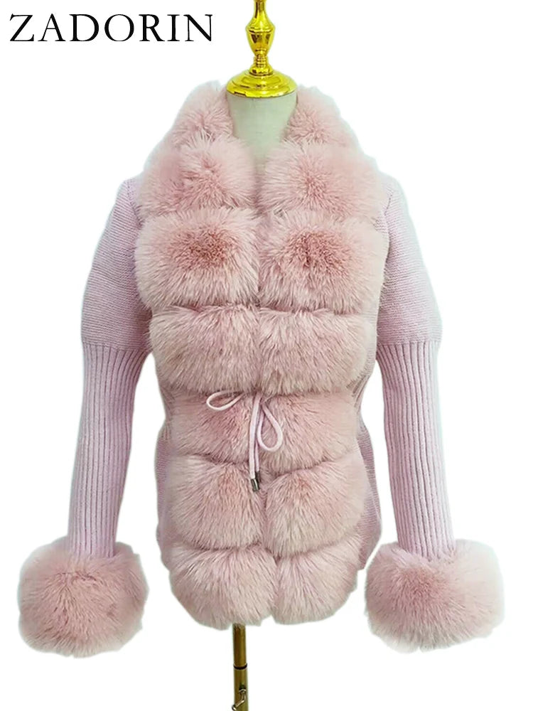 ZADORIN 2026 Chic Fur Cardigan Knitted Sweater Luxury Detachable Faux Fur White Pink Black Sweaters Cardigans Woman Tops Clothes