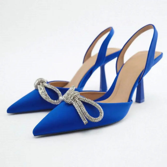 Women's Blue Slingback Pumps High Heels Crystal Bowknot Party Dress Shoes Women Sexy Stiletto Sandals Pointed Toe Summer 2024