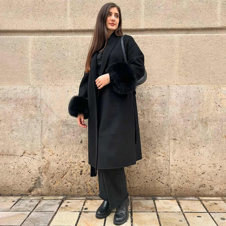 TARUXY Fox Fur Woolen Long Coats Women's Office Lady Removable Elegant Coat Double-sided Wool Overcoat 2025 New Cardigan Jacket