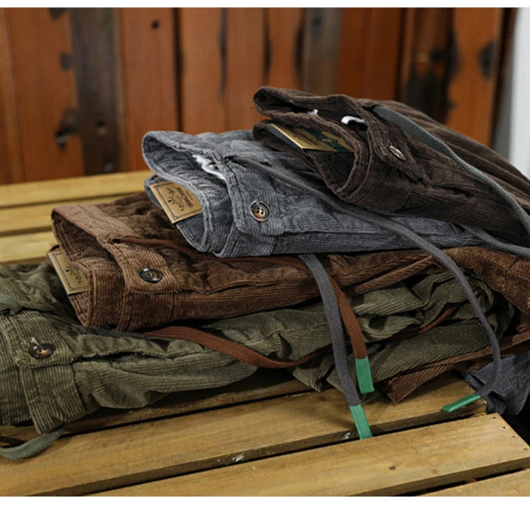 Autumn Winter Classic Cotton Corduroy Casual Mens Pants Comfortable Retro Big Pocket Drawstring Cargo Trousers AZ324