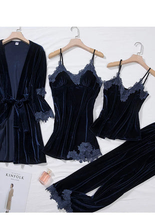 TOP Casual Velluto Abbigliamento per la casa 4 pezzi Set da notte Intimo Lingerie Pigiama da donna Completo a maniche lunghe in pizzo Velluto Homewear Pigiama set