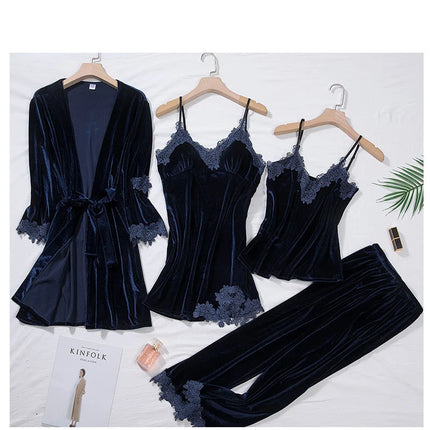 TOP Casual Velluto Abbigliamento per la casa 4 pezzi Set da notte Intimo Lingerie Pigiama da donna Completo a maniche lunghe in pizzo Velluto Homewear Pigiama set