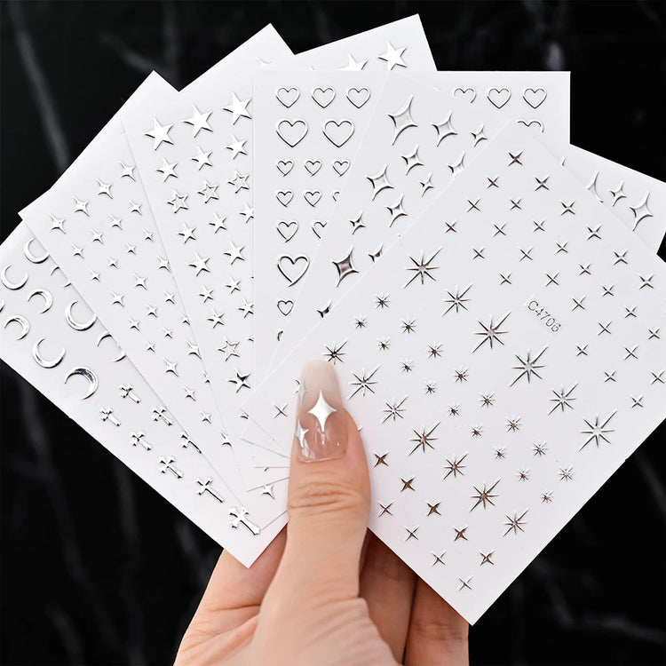 6Sheets Metallic Silver 3D Nail Art Stickers Self‑Adhesive Decals Star Chain Heart Pattern for DIY Manicure Nail Decor Accessories