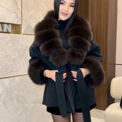 Brown Faux Fur Collar Wool Blend Belted Coats Elegant Wrap V Neck Long Sleeve Lace Up Jackets 2026 Lady Winter Autumn Outwear