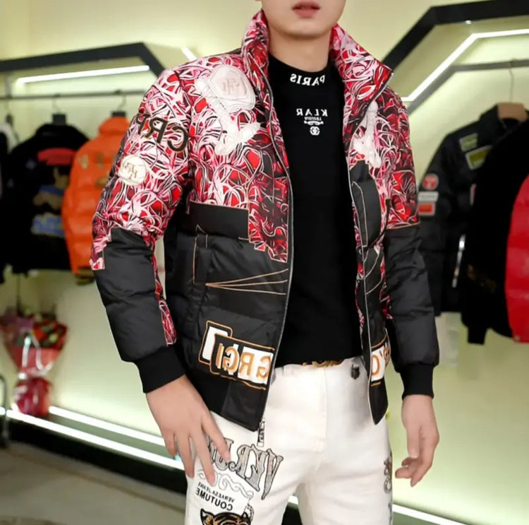 90% White Duck Down Men's Light Warm Print Down Jacket Stand-up Collar  Fashionable Versatile Autumn Winter coat