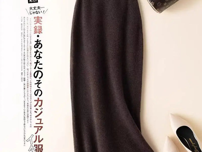 Korean Winter Cashmere Knitted Long Skirts For Women Fashion Mid-length High Waist A-line Skirts Female Wool Bottoms PlatiNum
