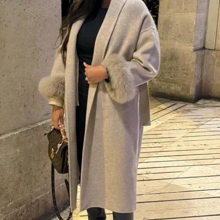 Elegant Lace Up Woolen Short Coat Solid Loose Lapel Furry Long Sleeve Belt Waist Jacket 2026 Spring Autumn Lady Chic Cardigan