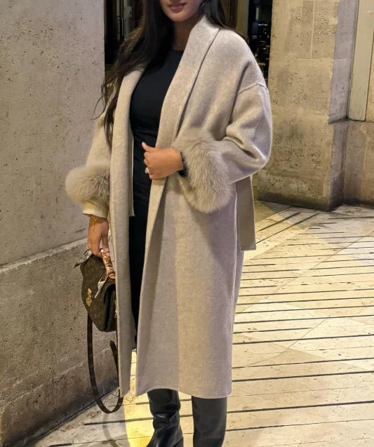 Elegant Lace Up Woolen Short Coat Solid Loose Lapel Furry Long Sleeve Belt Waist Jacket 2026 Spring Autumn Lady Chic Cardigan