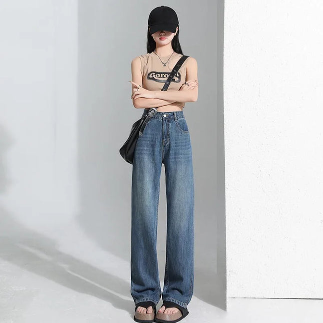 Jeans da donna in seta ghiaccio, nuovi, estivi 2026, in denim sottile e morbido, a gamba dritta e larga, modello baggy, versatili, blu ﻿