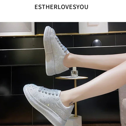 NEW Brand Women Fashion Casual Glitter Sparkling Sneakers Women Encrusted Lace Up Shoes White Sole Fashion Street Sneakers Shiny