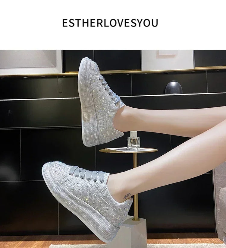NEW Brand Women Fashion Casual Glitter Sparkling Sneakers Women Encrusted Lace Up Shoes White Sole Fashion Street Sneakers Shiny