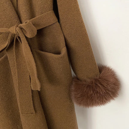 OFTBUY New Winter Long Belted Clothes Outerwear Women Knit Cardigan Real Fox Fur Cuffs Shawl Collar Wrap Knitted Coat Female