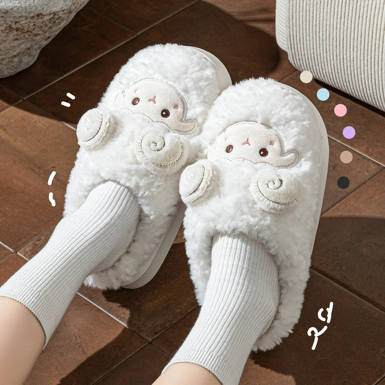 Cute Little Sheep Plush Slippers Women Winter Warm Thick Soft Sole House Shoes Indoor Fuzzy Non-Slip Comfortable Home Slides