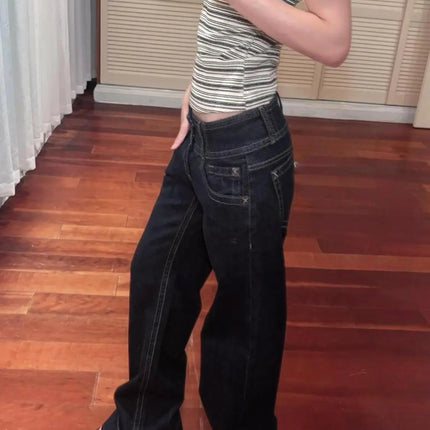 Jeans a gamba larga americani retrò a vita bassa da donna estate autunno pantaloni larghi drappeggiati alti lunghezza estesa pantaloni a gamba larga per ragazze calde