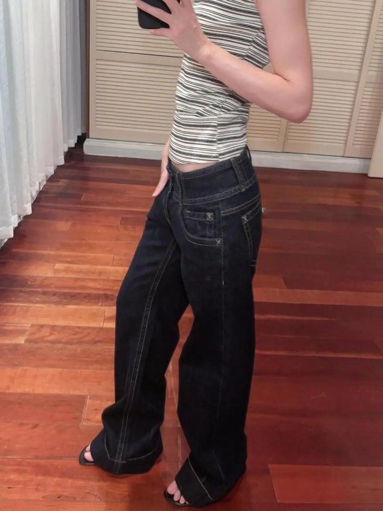 Jeans a gamba larga americani retrò a vita bassa da donna estate autunno pantaloni larghi drappeggiati alti lunghezza estesa pantaloni a gamba larga per ragazze calde