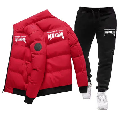 Men's Winter Warm Cotton Jacket+Drawstring Pants Set New Fashionable Casual Sports Pike Down Outdoor Windproof Jacket Set PlatiNum