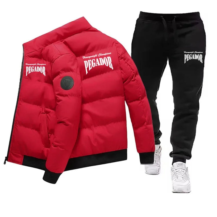 Men's Winter Warm Cotton Jacket+Drawstring Pants Set New Fashionable Casual Sports Pike Down Outdoor Windproof Jacket Set PlatiNum