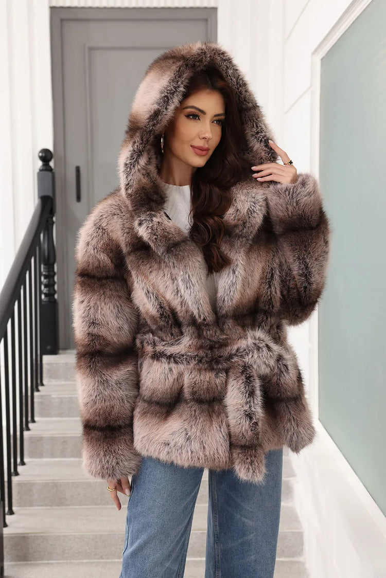ZADORIN New Stripes Winter Fur Coats Woman Mid Long Hooded Warm Loose Faux Fur Coat For Woman Elegant Belted Fluffy Fur Jacket