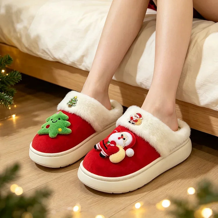 2026 Women Cute Santa Claus Plush Christmas Slippers Winter Warm Furry Fur Indoor Slippers Woman Platform Home Slides Girls Gift