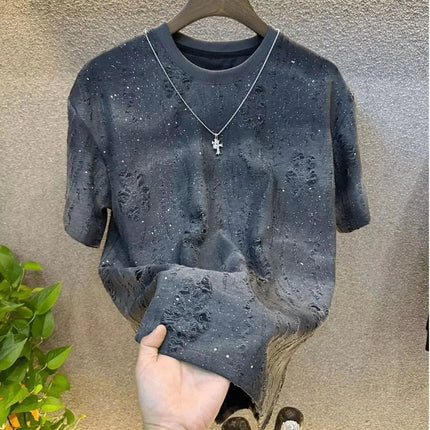 Summer Tear Men Clothing Summer Rhinestone Rivet T-shirt Round Neck Casual T-shirt Korean Version Men's Short Sleeves Tee PlatiNum