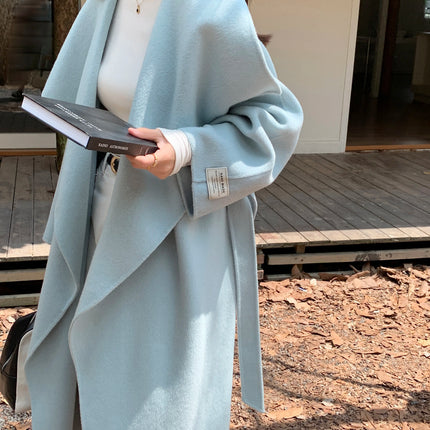 High-end Women Double-sided Wool Long Coat Warm Baby Blue Lapel Loose Double Breasted Wool Coat Female Fashion Autumn Winter