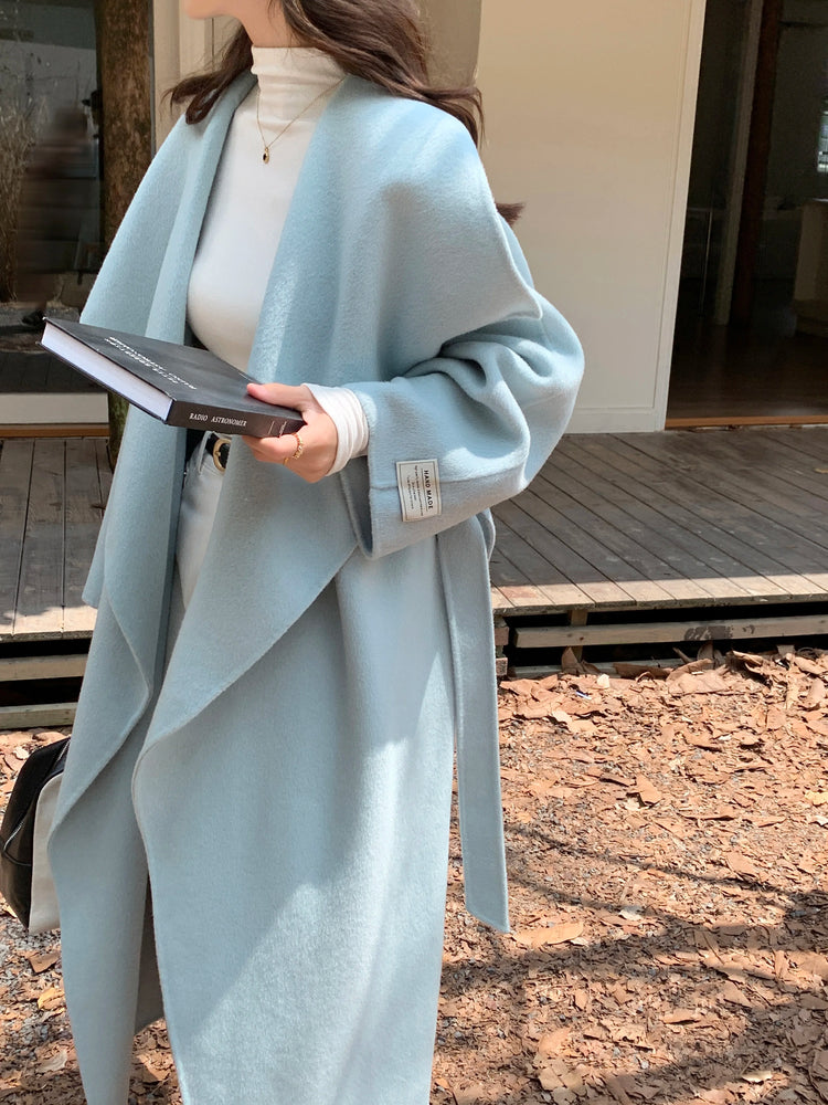 High-end Women Double-sided Wool Long Coat Warm Baby Blue Lapel Loose Double Breasted Wool Coat Female Fashion Autumn Winter