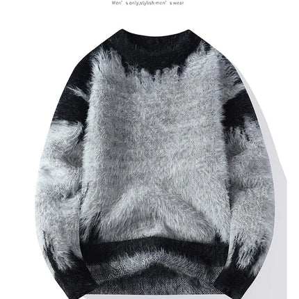 Autumn Winter Men's Casual Warm Fake mink fur Retro Knitted Sweater Round Neck Knitting Pullover Sweater