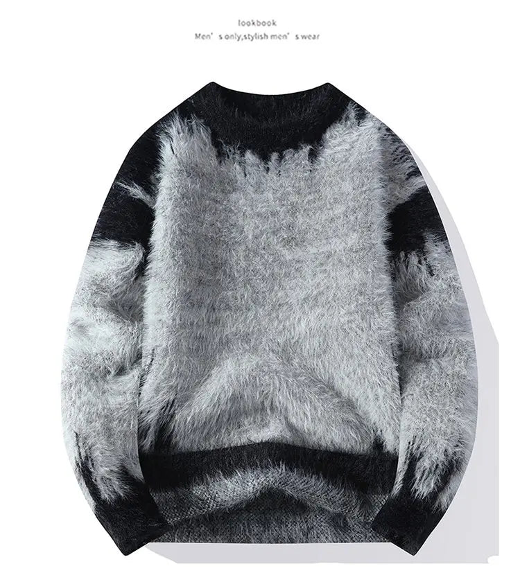 Autumn Winter Men's Casual Warm Fake mink fur Retro Knitted Sweater Round Neck Knitting Pullover Sweater