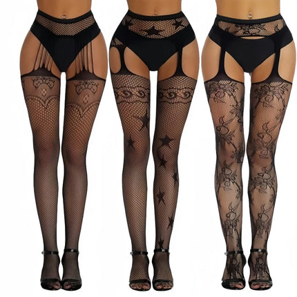Calze a rete sexy da donna da 3 pezzi Collant con reggicalze alti fino alla coscia con reggicalze Design con motivo scavato per uso occasionale