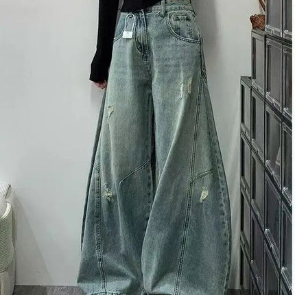 Jeans Vintage a Vita Alta con Effetto Invecchiato per Donna, Pantaloni Larghi a Gamba Dritta e Lunga per Primavera e Autunno