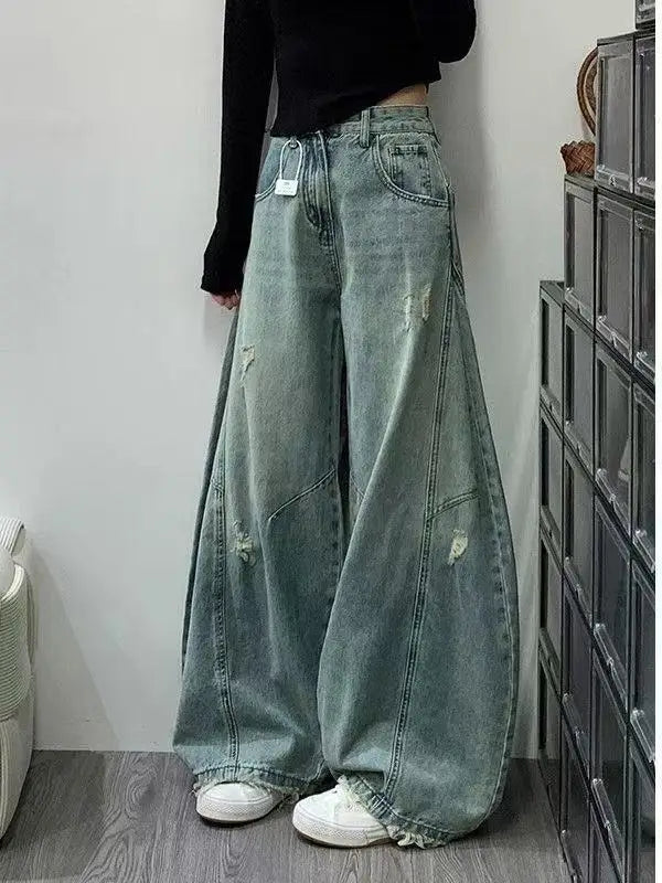 Jeans Vintage a Vita Alta con Effetto Invecchiato per Donna, Pantaloni Larghi a Gamba Dritta e Lunga per Primavera e Autunno