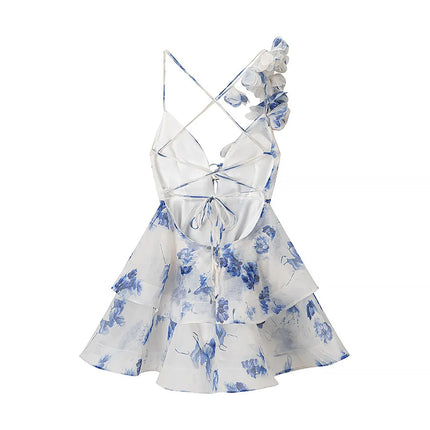 Elegant Puff Sleeve Floral Print Ball Gown Women's 3D Flower V-Neck Mini Dress Summer Beach Dresses Chic Vacation Evening Dresses