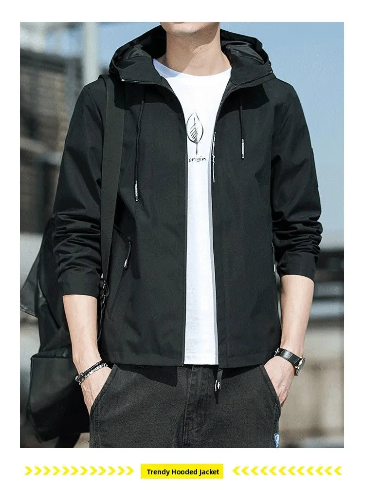 Casual Hooded Men's Jacket Youth Outerwear Spring Autumn New Style Korean Version Anti-Wrinkle Wear-Resistant Windproof Polye...