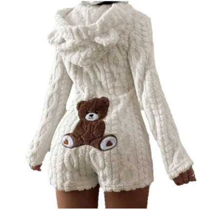 Autumn Winter Plush Hoody Women's Jumpsuit Shorts 2026 New Fashion Embroidered Animal Bear Female Casual Home Wear Plush Rompers