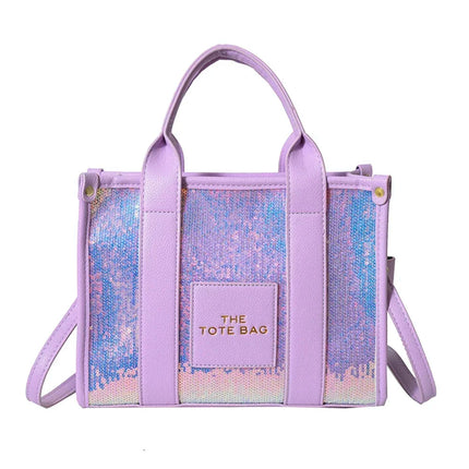 Sequins Top-Handle Bags Fashion PU Leather Shoulder Bag Large Capacity Travel Handbag Women Trendy Casual Satchel Tote Purse PlatiNum