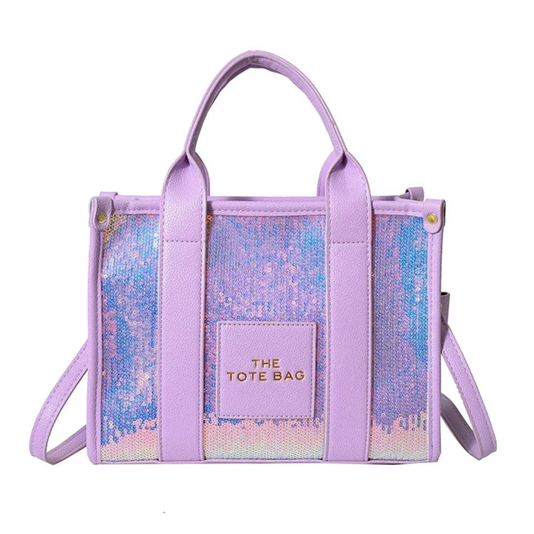 Sequins Top-Handle Bags Fashion PU Leather Shoulder Bag Large Capacity Travel Handbag Women Trendy Casual Satchel Tote Purse PlatiNum