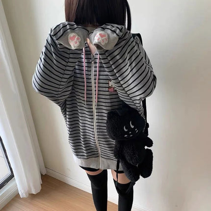 Cartoon Embroidery Women Hoodies Japanese Sweet Cute Cat Ears Striped Hooded Sweatshirts Harajuku Streetwear Loose Casual Coats