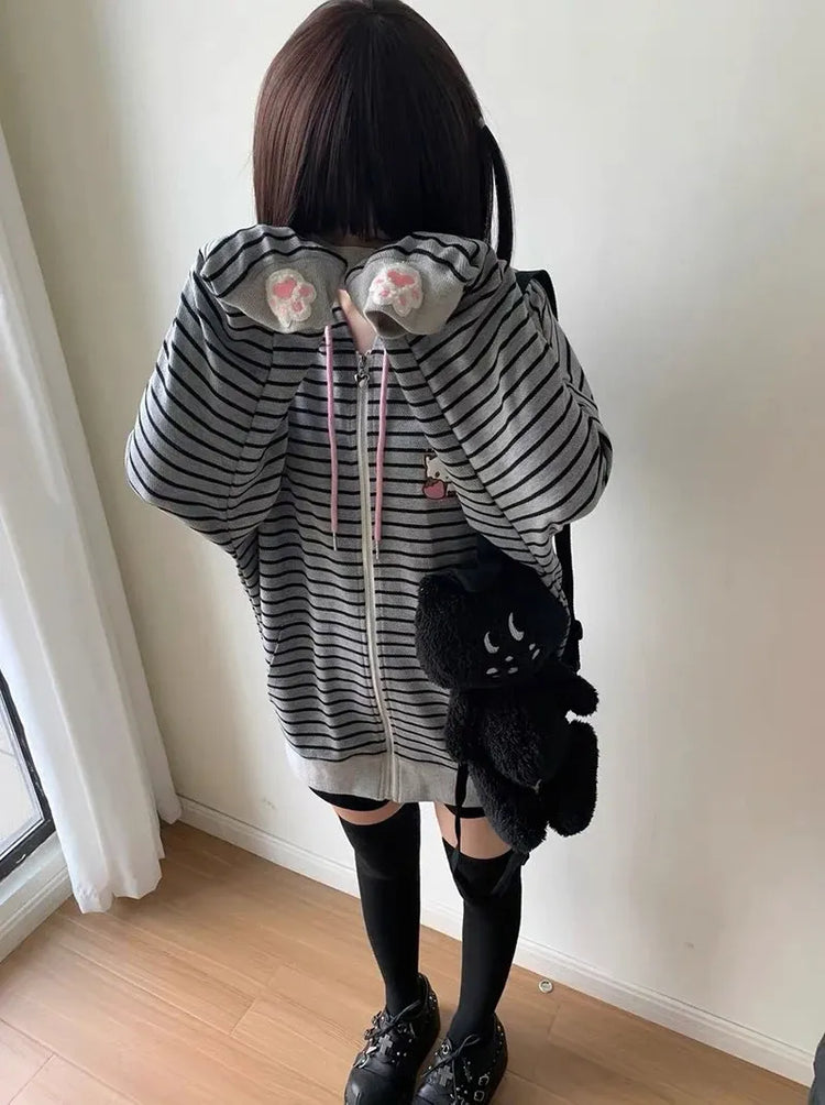 Cartoon Embroidery Women Hoodies Japanese Sweet Cute Cat Ears Striped Hooded Sweatshirts Harajuku Streetwear Loose Casual Coats