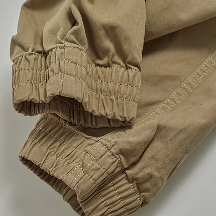 Autumn New American Retro Woven Cargo Pants Men's 97.5% Cotton Washed Elastic Waist Drawstring Loose Casual Anke-tied Trousers