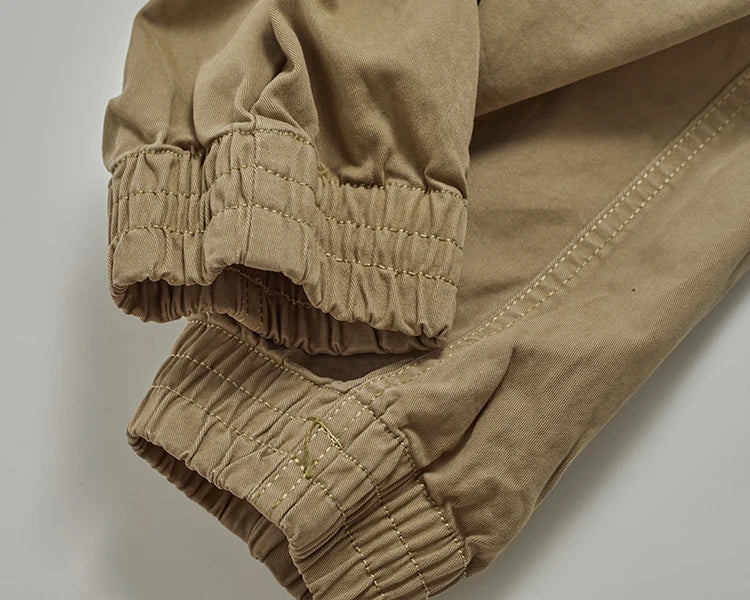 Autumn New American Retro Woven Cargo Pants Men's 97.5% Cotton Washed Elastic Waist Drawstring Loose Casual Anke-tied Trousers