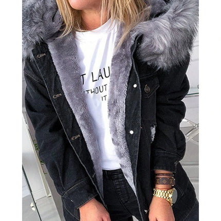 Autumn Women Vintage Hooded Denim Jackets Wth a Large Fluffy Collar Frayed Design Buttoned Overcoat