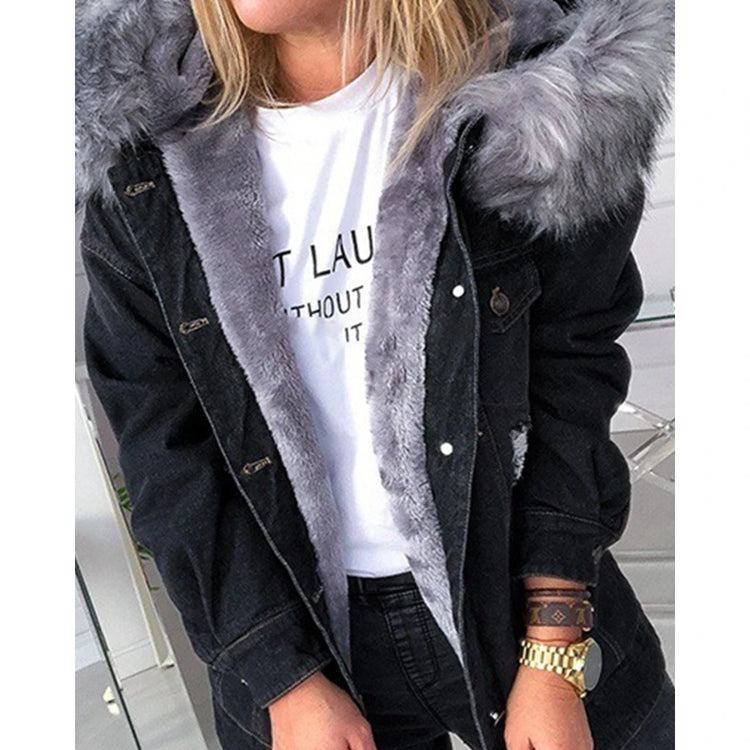Autumn Women Vintage Hooded Denim Jackets Wth a Large Fluffy Collar Frayed Design Buttoned Overcoat