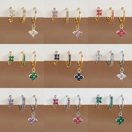 3PCS Trendy Stainless Steel Flower Drop Earring Set For Women Crystal Zirconia Dangle Earring Hypoallerg Piercing Jewelry aretes PlatiNum